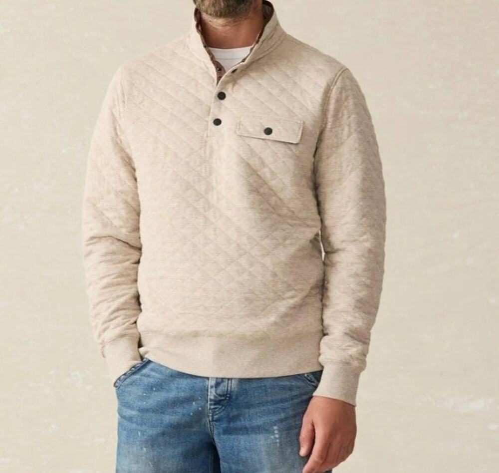 Faherty Epic Quilted Fleece Pullover, Oatmeal Melange ¼ Snap Henley High Neck L
